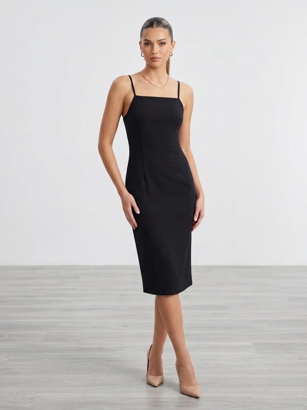 Square-Neck Black Midi Dress with Slim Straps